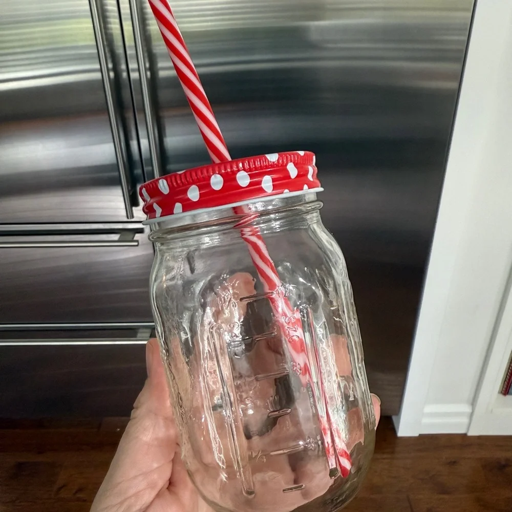 Red Polka Dot Mason Jar Lids and Straws Set